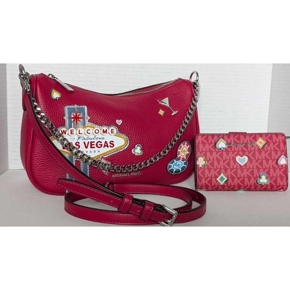 NWT Michael Kors Carmela Shoulder Bag Crossbody & Wallet Set Dark Raspberry Pink